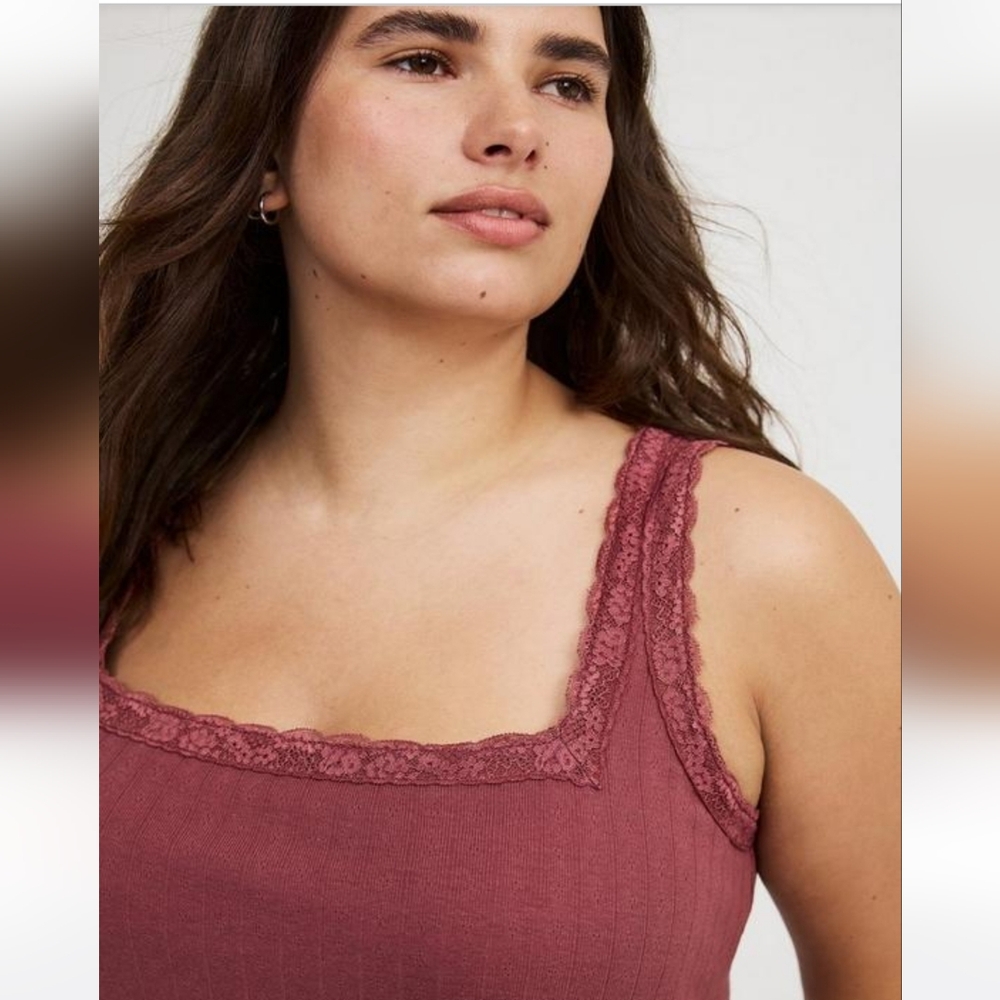 💥Sale💥NWOT Torrid Pointelle Square Neck Lace-Trim Ribbed Tank- Wild Ginger - Picture 3 of 5